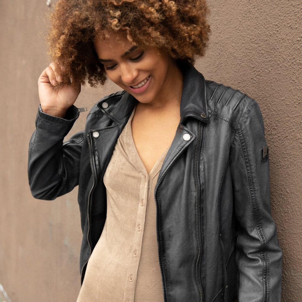 Navy Leather Biker Jacket for Women - Picture 3 of 4